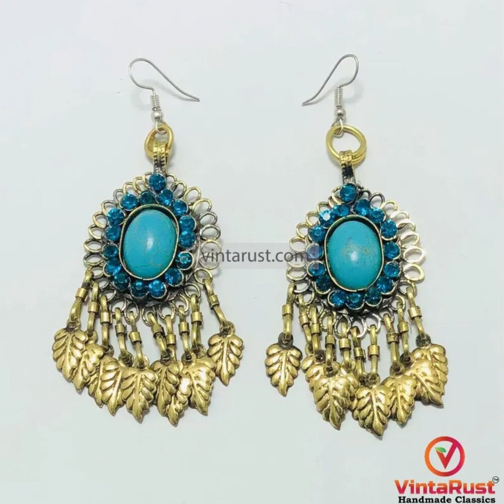 Handmade Turquoise Chandelier Earrings: Kuchi Boho Brass Dangle